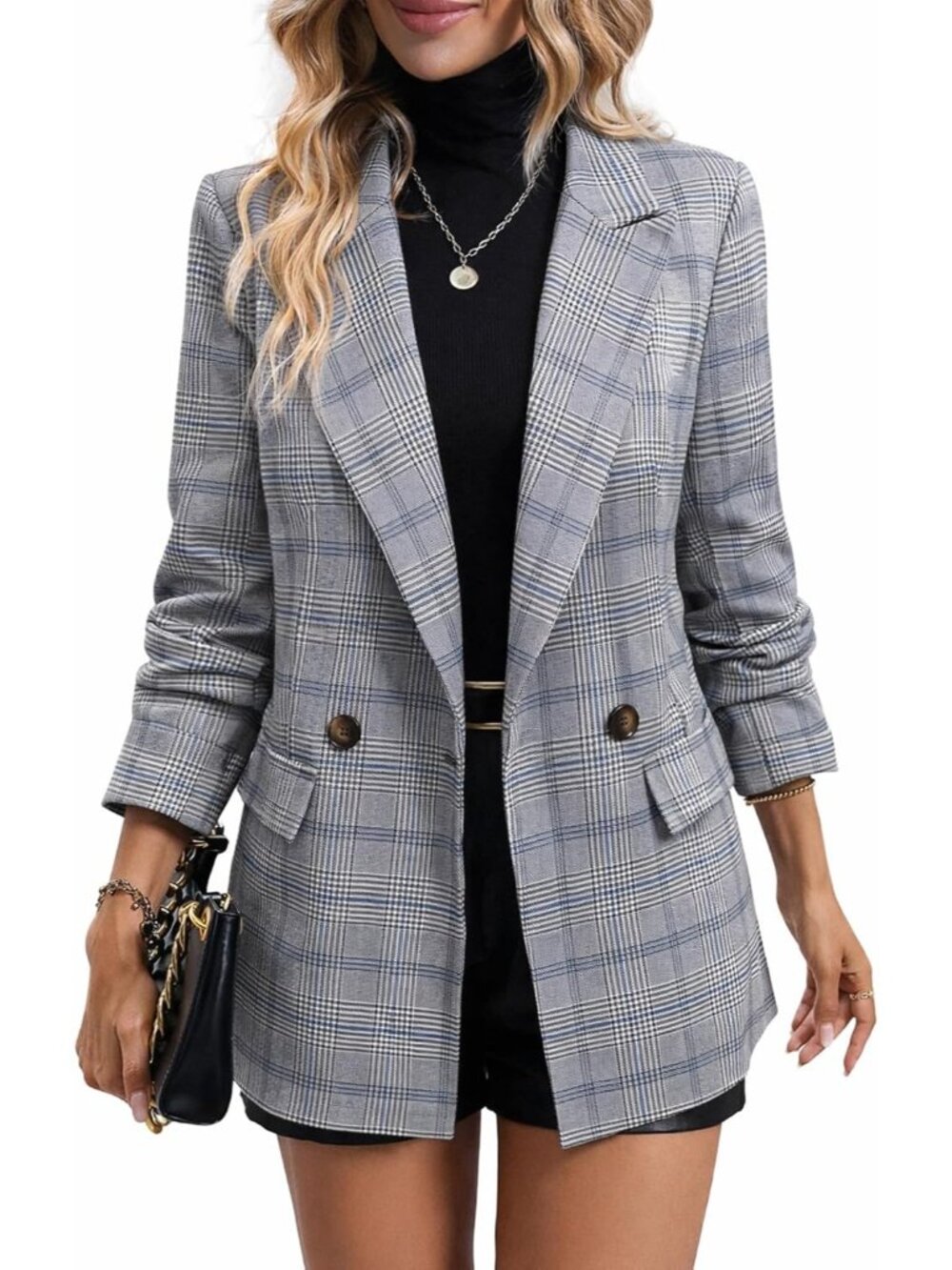 〽️Women Light Blue Plaid Houndstooth Busines Casual Work Cowl Neck Blazer Jacket